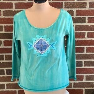 Cowgirl up Aztec print blouse size medium green teal color